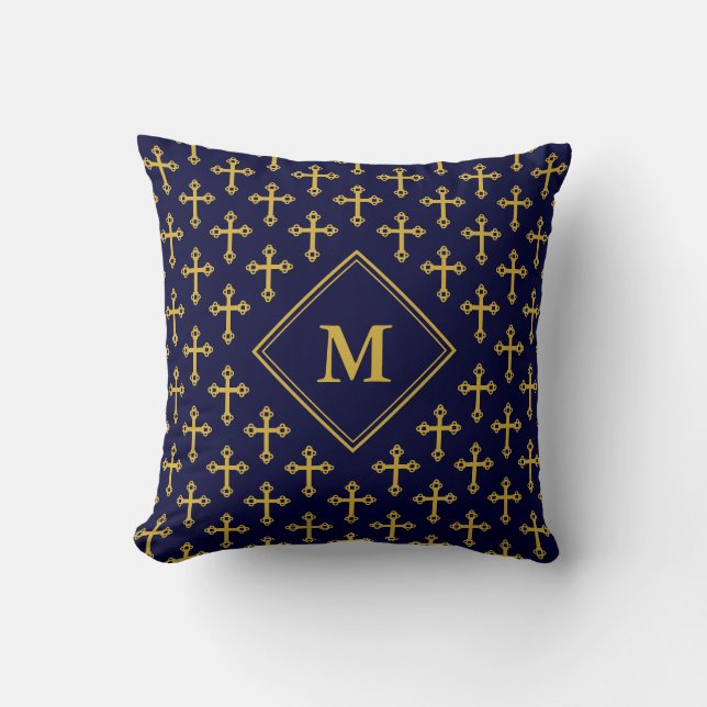 Blue Gold CROSS Monogram Throw Pillow (Front)