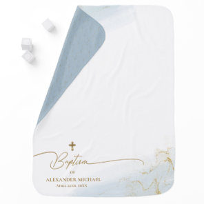 Blue Gold Cross Name Boy Baptism Baby Blanket