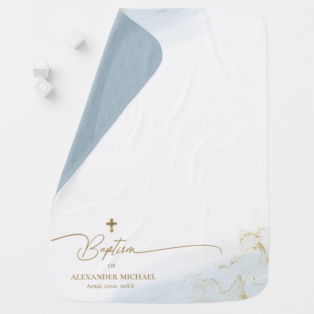 Blue Gold Cross Name Boy Baptism Baby Blanket (In Situ)