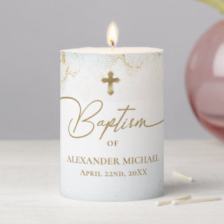 Blue Gold Cross Name Boy Baptism Pillar Candle