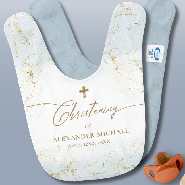 Blue Gold Cross Name Boy Christening Baby Bib (Creator Uploaded)