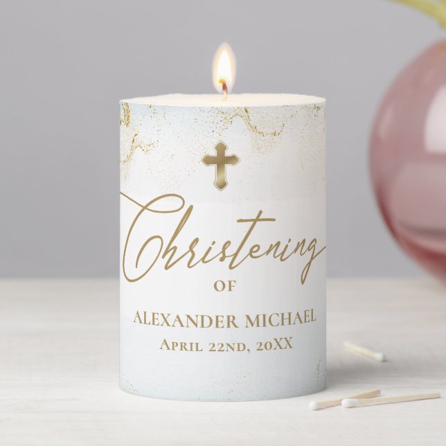 Blue Gold Cross Name Boy Christening  Pillar Candle (In Situ)