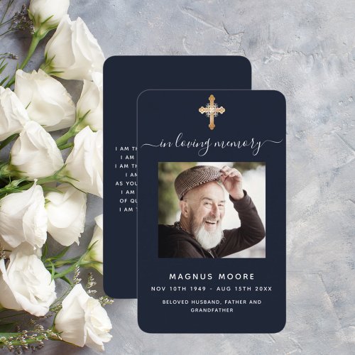 Blue gold cross photo funeral prayer card