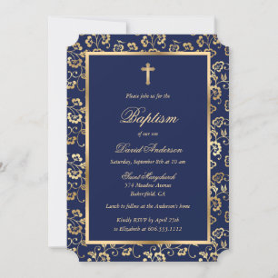 Blue Gold Cross Script Floral Baptism Invitation