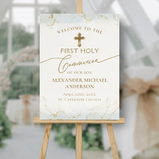 Blue Gold Cross Welcome Boy First Holy Communion Foam Board