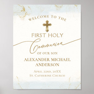 Blue Gold Cross Welcome Boy First Holy Communion Poster