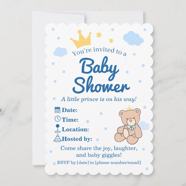 Blue & Gold Crown Baby Shower Invitation for Boy (Front)