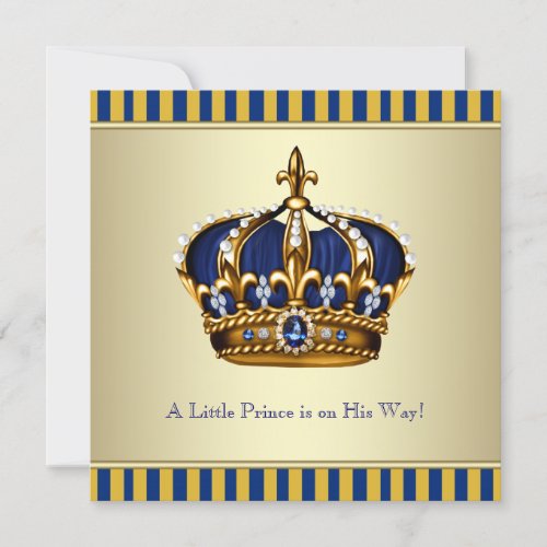 Blue Gold Crown Little Prince Boy Baby Shower Personalized Invites