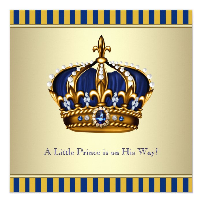 Blue Gold Crown Little Prince Boy Baby Shower Personalized Invites