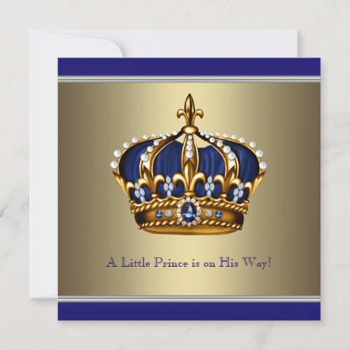 Blue Gold Crown Little Prince Boy Baby Shower Invitation