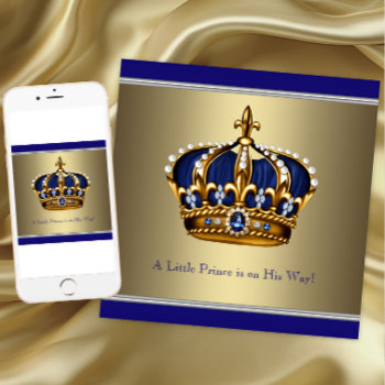 Blue Gold Crown Little Prince Boy Baby Shower Invitation by BabyCentral at Zazzle