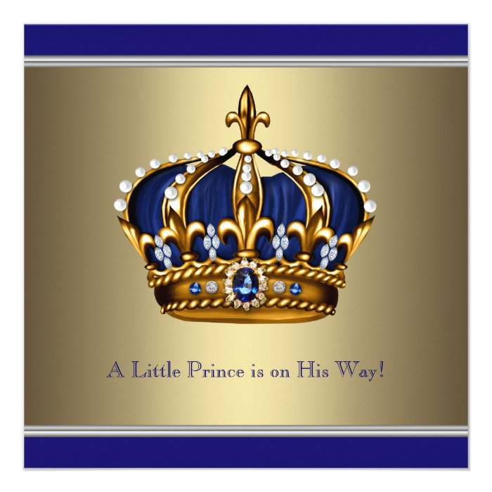 Blue Gold Crown Little Prince Boy Baby Shower Invitations