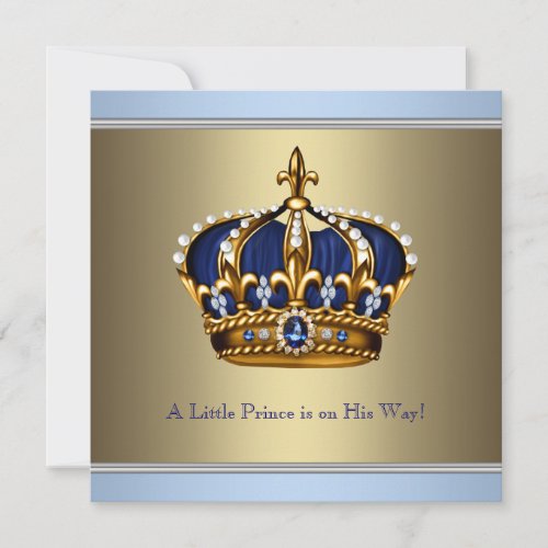 Blue Gold Crown Prince Baby Boy Shower Invitation