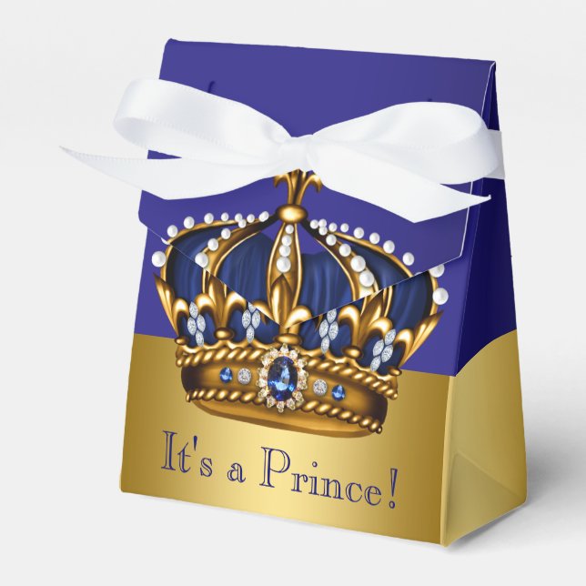 Blue Gold Crown Prince Baby Shower Favor Boxes (Front Side)