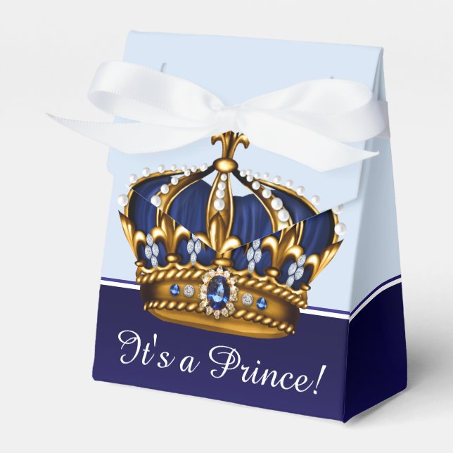 Blue Gold Crown Prince Boy Baby Shower Favor Boxes (Front Side)