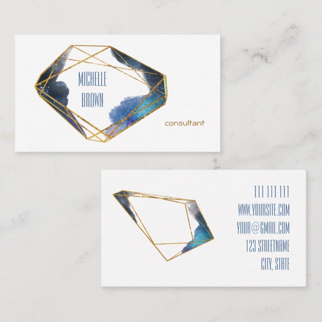 Blue gold crystal abstract consultant elegant business card (Front/Back)