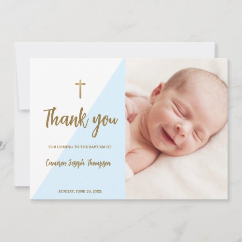 Blue Gold Custom Modern Baby Baptism Thank you Invitation