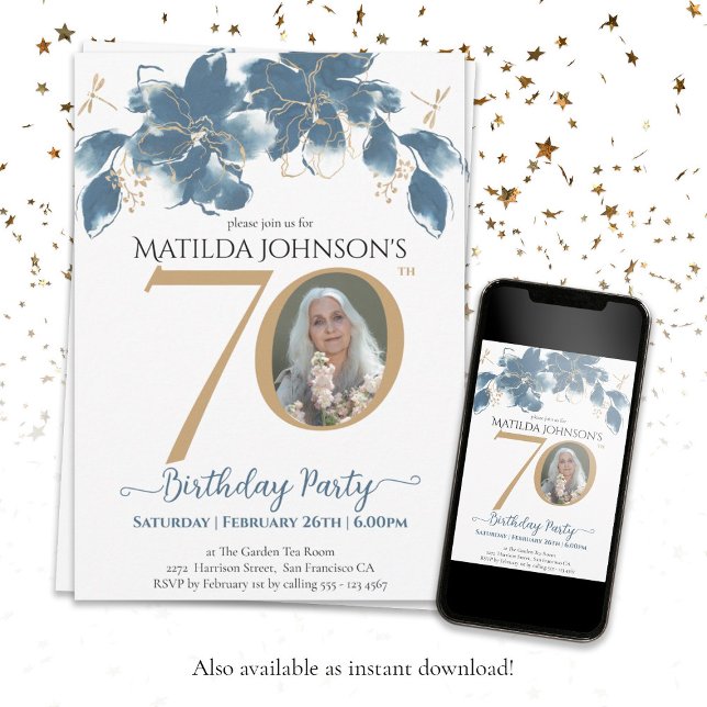 Blue Gold Custom Photo Floral 70th Birthday Invitation (Floral 70th Birthday Blue Gold Modern Custom Photo Invitation)