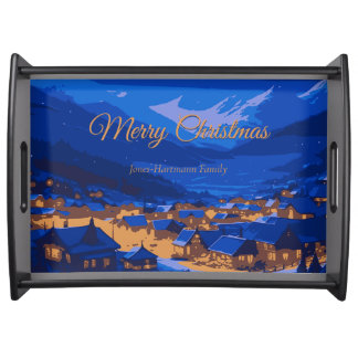 Blue Gold Custom Winter Village Christmas Serving Tray