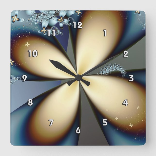 Blue Gold Cute Abstract Floral Square Wall Clock (Front)