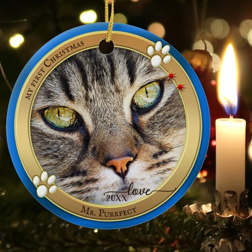 Blue Gold Cute Cat Photo Ornament