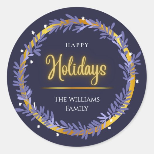 Blue Gold Cute Happy Holidays Merry Christmas Classic Round Sticker