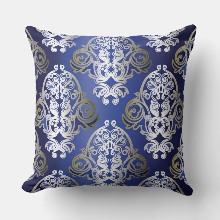 Blue Gold Damask Decorative Pillow Zazzle