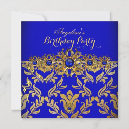 Blue Gold Damask Elegant Birthday Party Invitation