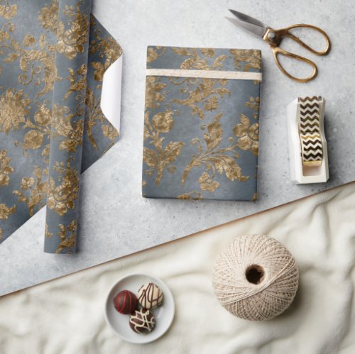 Blue  Gold Damask Faux Velvet Holiday Wrapping Paper