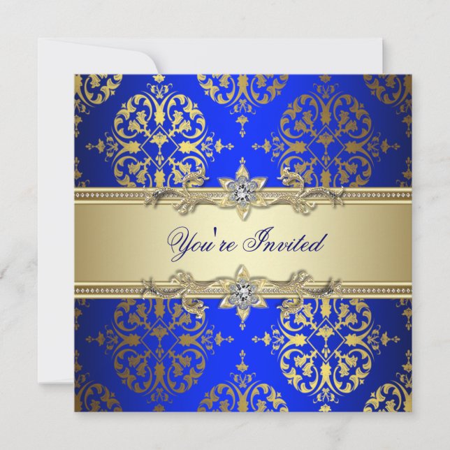 Blue Gold Damask Party Invitation (Front)