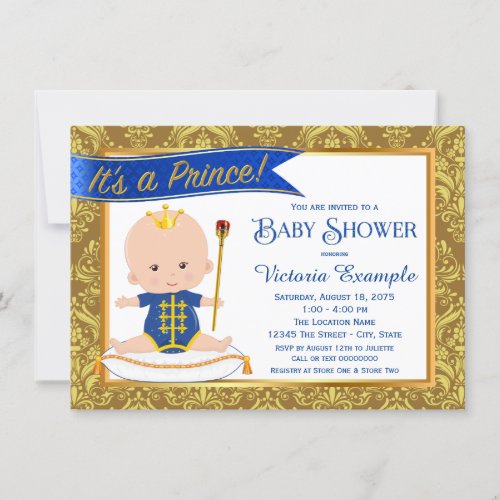 Blue Gold Damask Prince Baby Shower Invitations