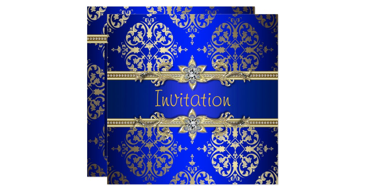 Royal Blue And Gold Wedding Invitations Announcements Zazzle Blue Gold Damask Royal Party Card