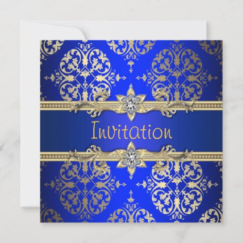 Blue Gold Damask Royal Blue Party Invitation
