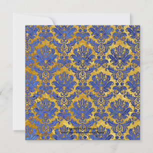 Blue Gold Damask Wedding Monogram Invitation