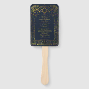 Blue  Gold Deco Chic Glam Wedding Program Hand Fan