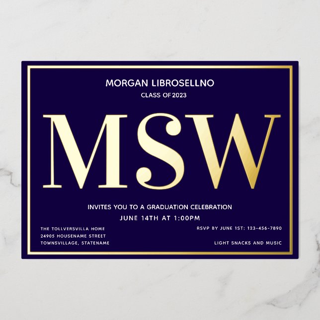 Blue Gold Degree MSW Graduation Foil Invitation (Front)