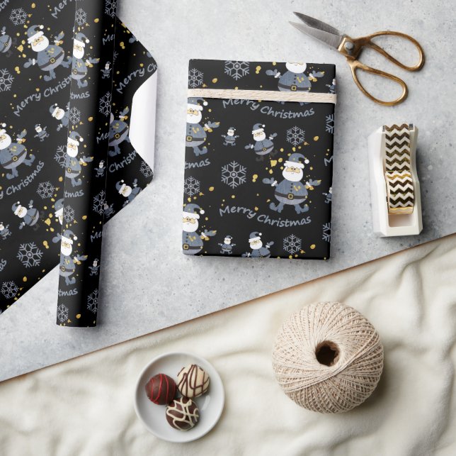 Blue Gold Denim Black Christmas Santa Pattern Wrapping Paper (Crafts)