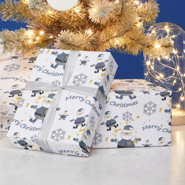 Blue Gold Denim Fashion Christmas Santa Pattern Wrapping Paper (Holidays)