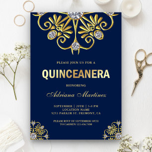 Blue Gold Diamond Mandala Quinceanera Invitation