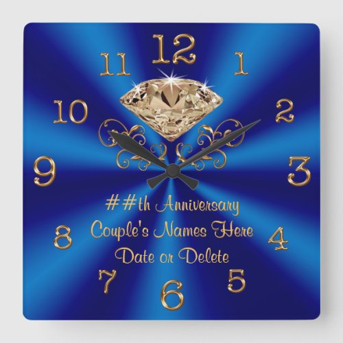 Blue Gold Diamond Personalized Anniversary Gifts Square Wall Clock