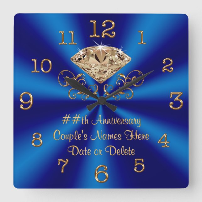 Blue Gold Diamond Personalized Anniversary Gifts Square Wall Clock (Front)