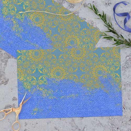 Blue Gold Distressed Damask Pattern Canvas Texture Tissue Paper
