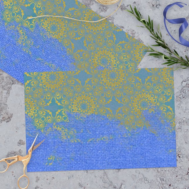 Blue Gold Distressed Damask Pattern Canvas Texture Tissue Paper (Creator Uploaded)
