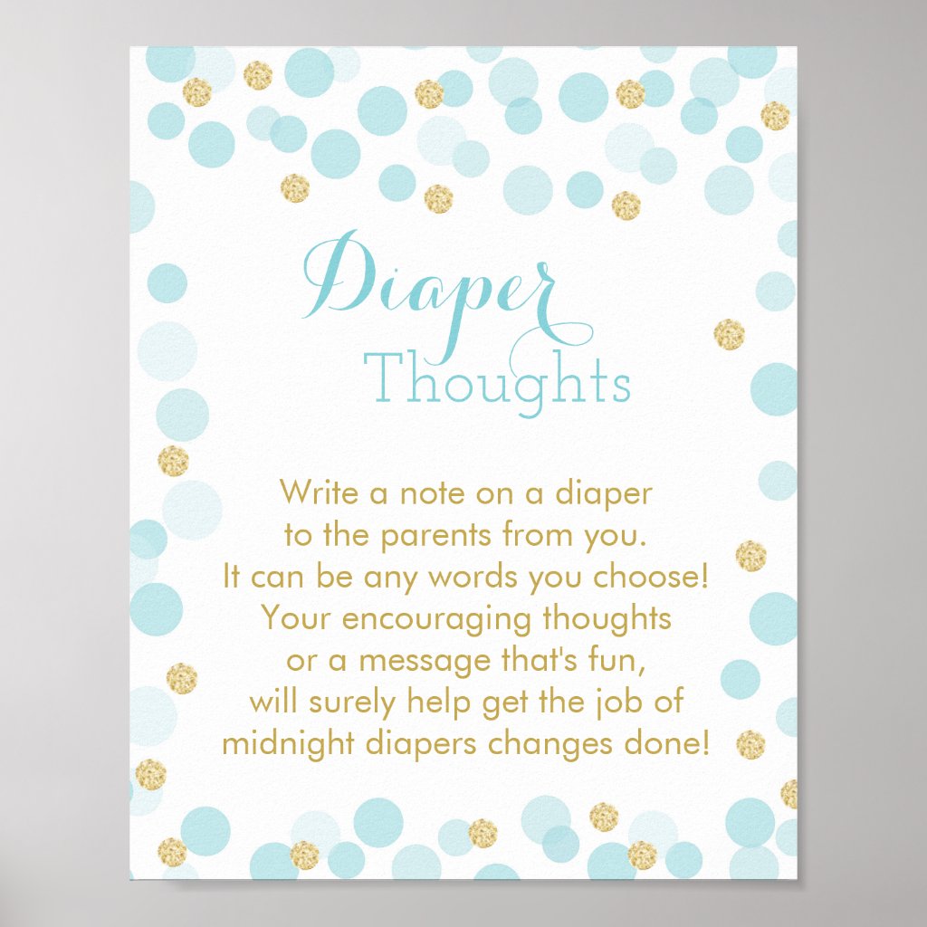 Blue Gold Dots Baby Shower Diaper Thoughts Sign