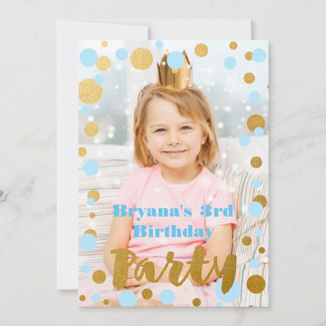 Blue & Gold Dots Birthday Party Photo Invitation (Front)