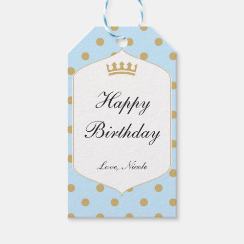 Blue  Gold Dots Royal Crown Prince Party Gift Tag