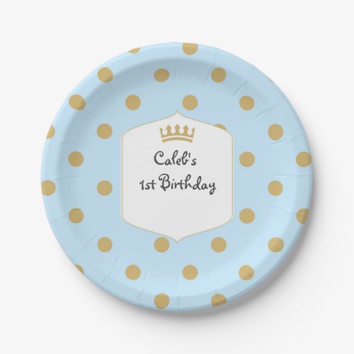Blue  Gold Dots Royal Crown Prince Party Plates