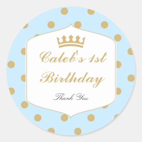 Blue  Gold Dots Royal Crown Prince Party Stickers