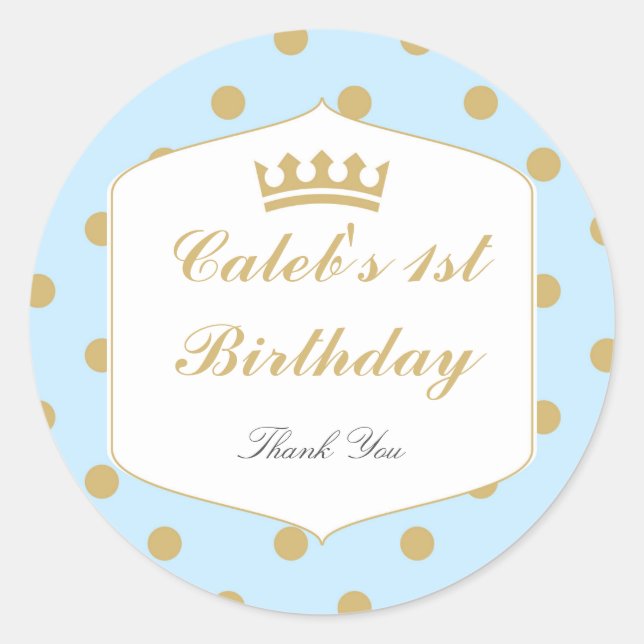 Blue & Gold Dots Royal Crown Prince Party Stickers (Front)
