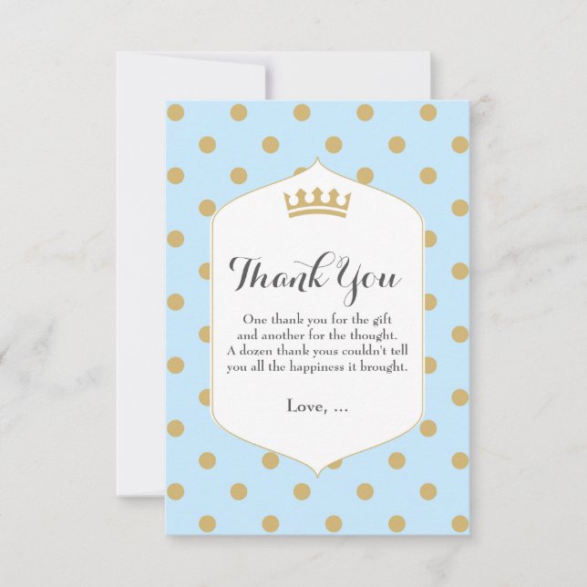 Blue & Gold Dots Royal Crown Prince Thank You Card (Front)